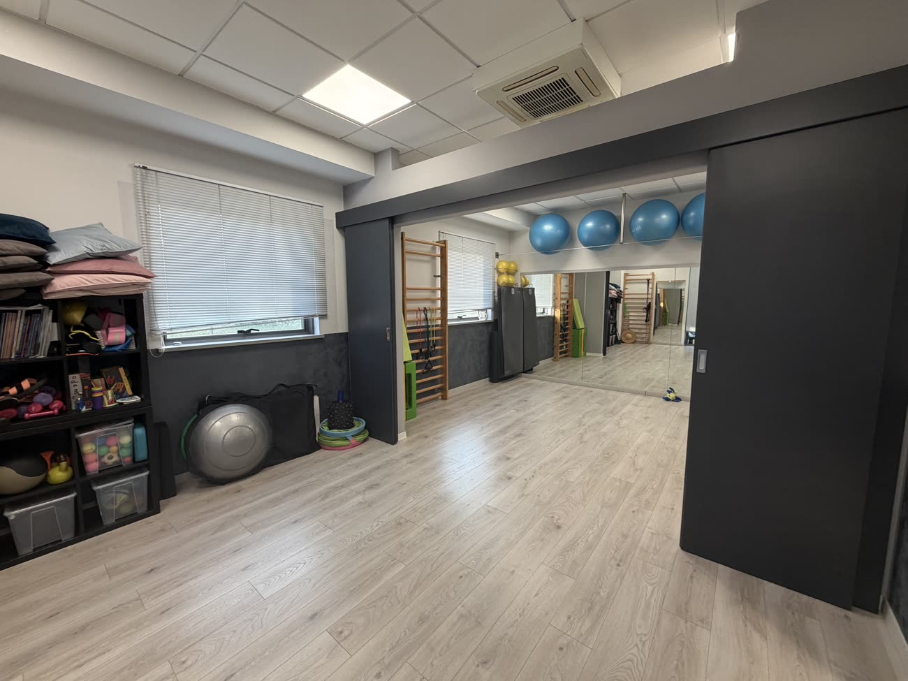 Sala a terra con spalliera, fitball e attrezzi per rieducazione posturale
